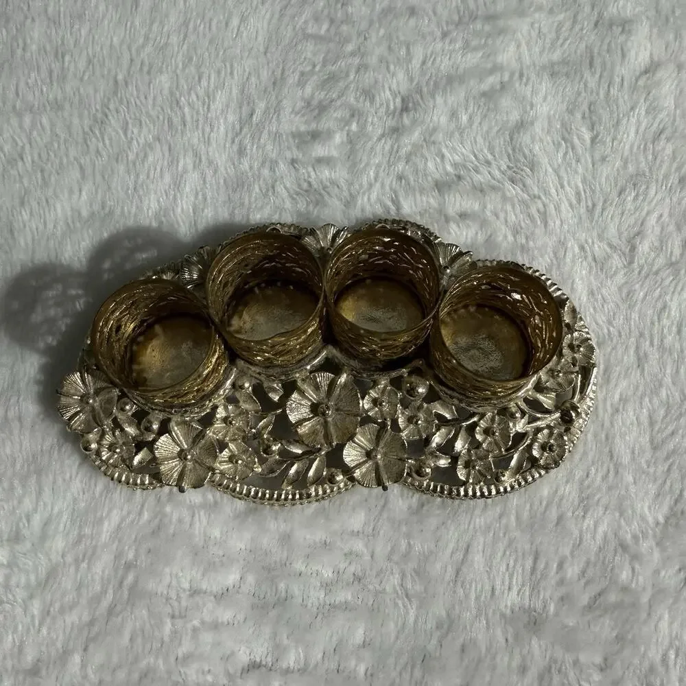 Vtg 70s Gold Tone Lipstick Holder 4 Slots Hollywood Regency Vanity Floral Ornate